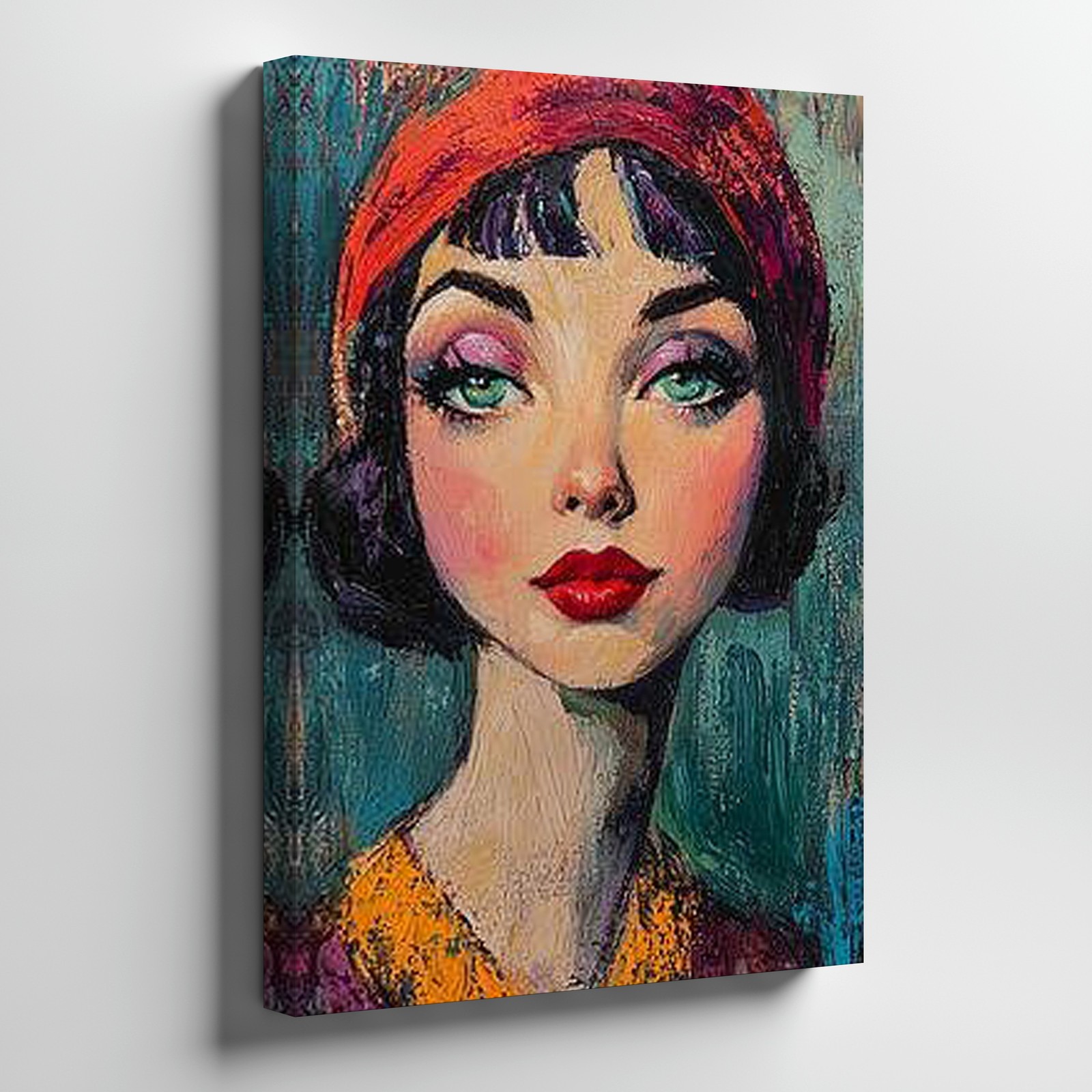 Vintage Portrait Of Woman With Red Headscarf And Bold Makeup Canvas Art Wall