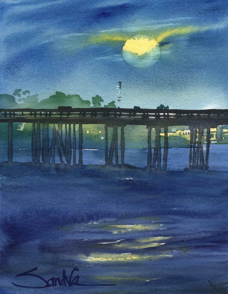 Moon Over the Pier : SIGNED Art Print : Sandra Watercolors™ California