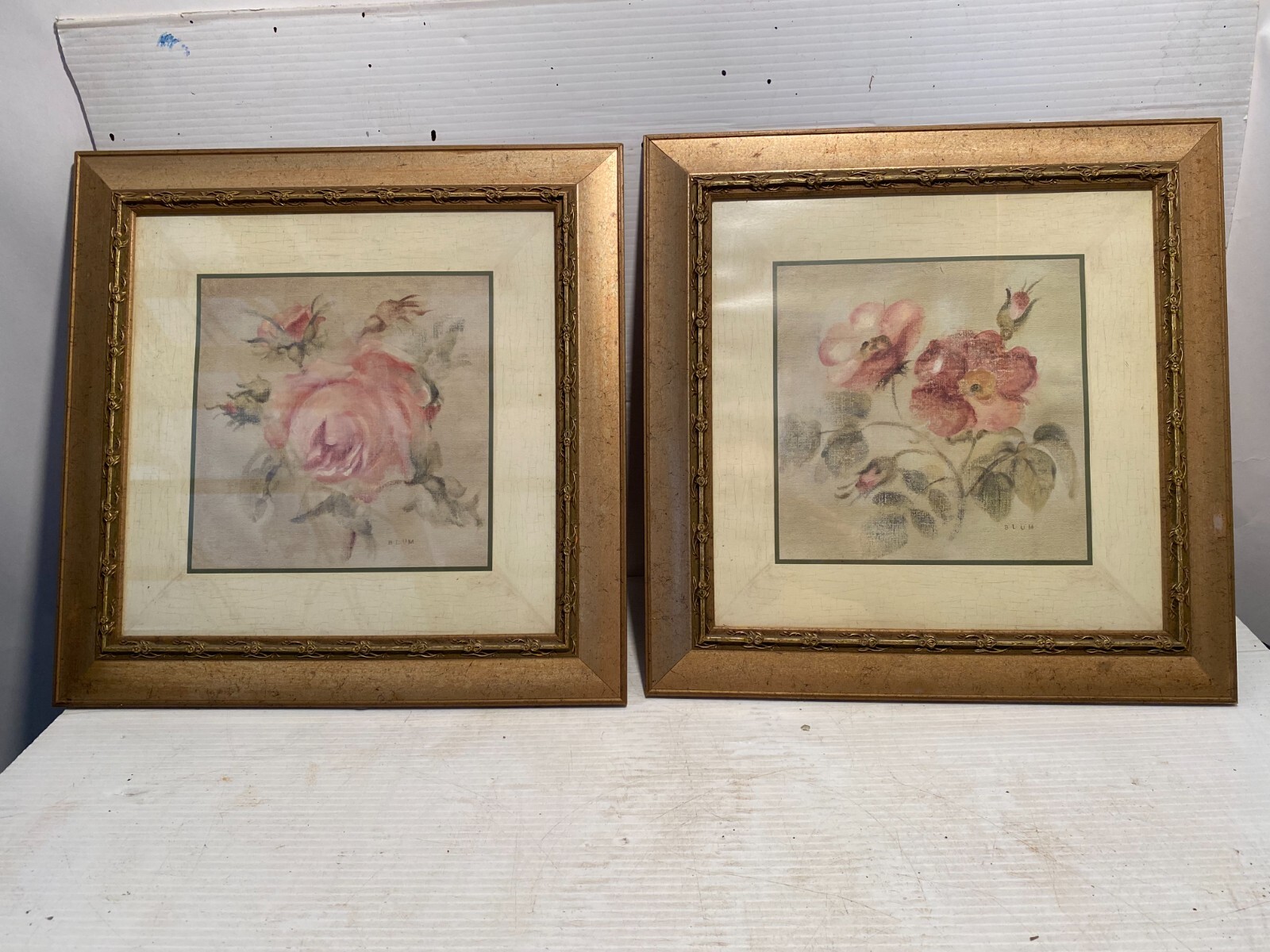 Set of 2 Vintage Roses signed BLUM, frame: 15 3/8 x 15 3/8,  