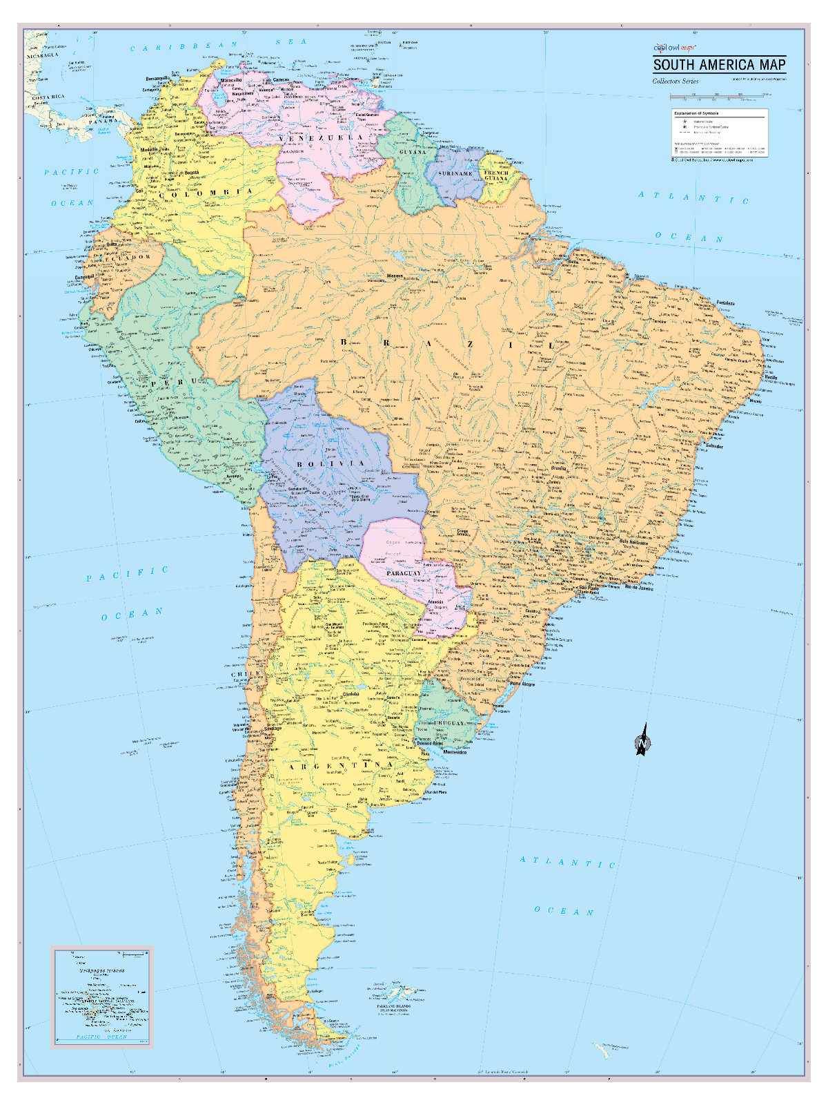 Cool Owl Maps South America Continent Wall Map Poster – Paper 24″x32″