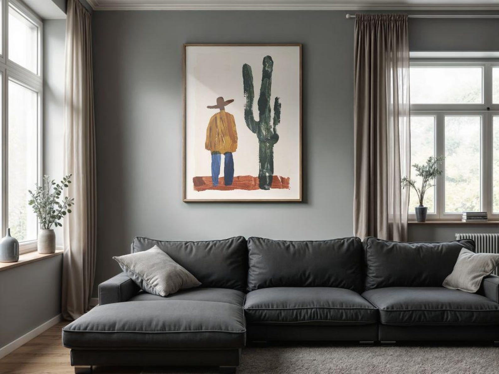 Western Cowboy Wall Art Print, Minimal Desert Cactus Boho Decor