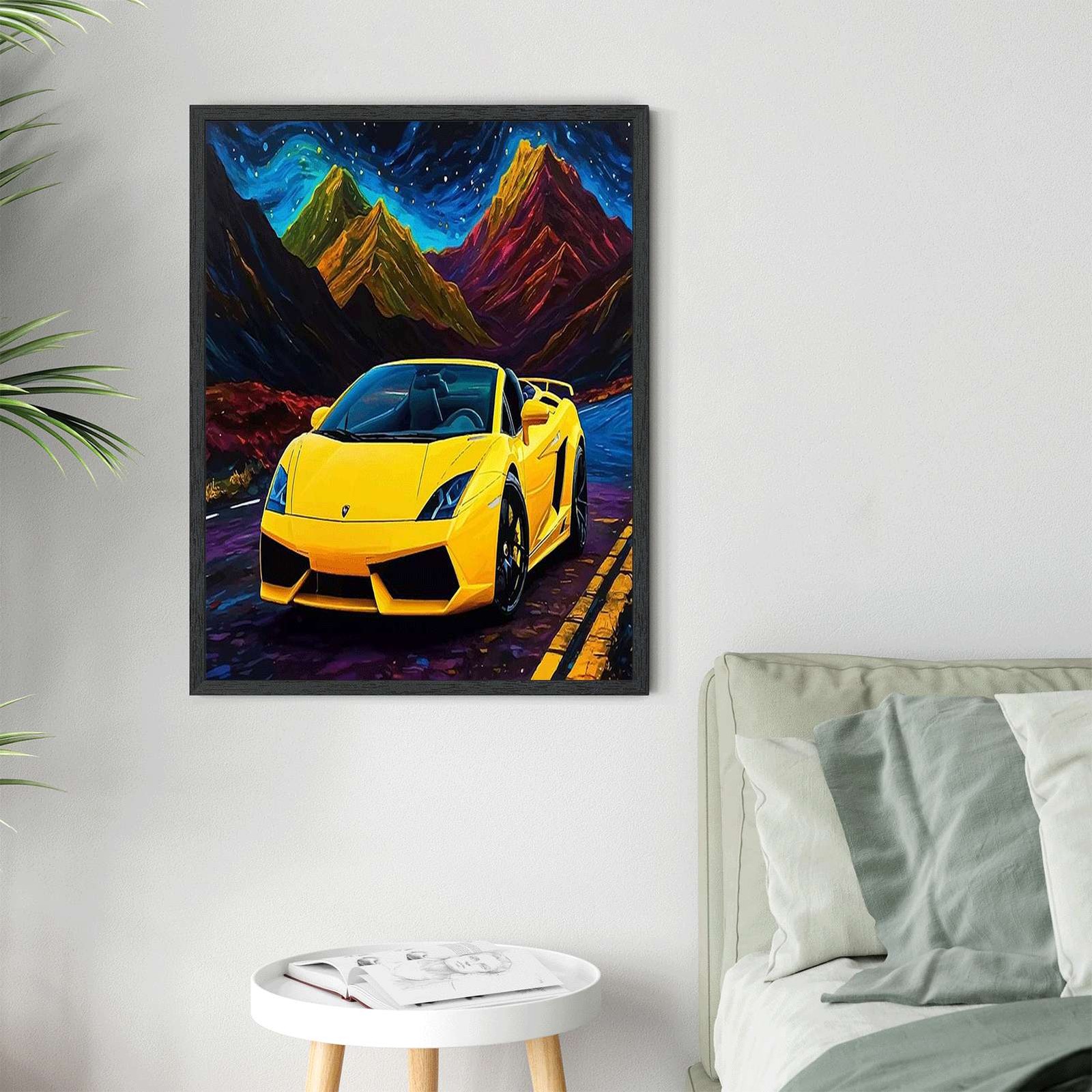 Yellow Sports Car Landscape Wall Art Canvas Oil Paintings Reproduction