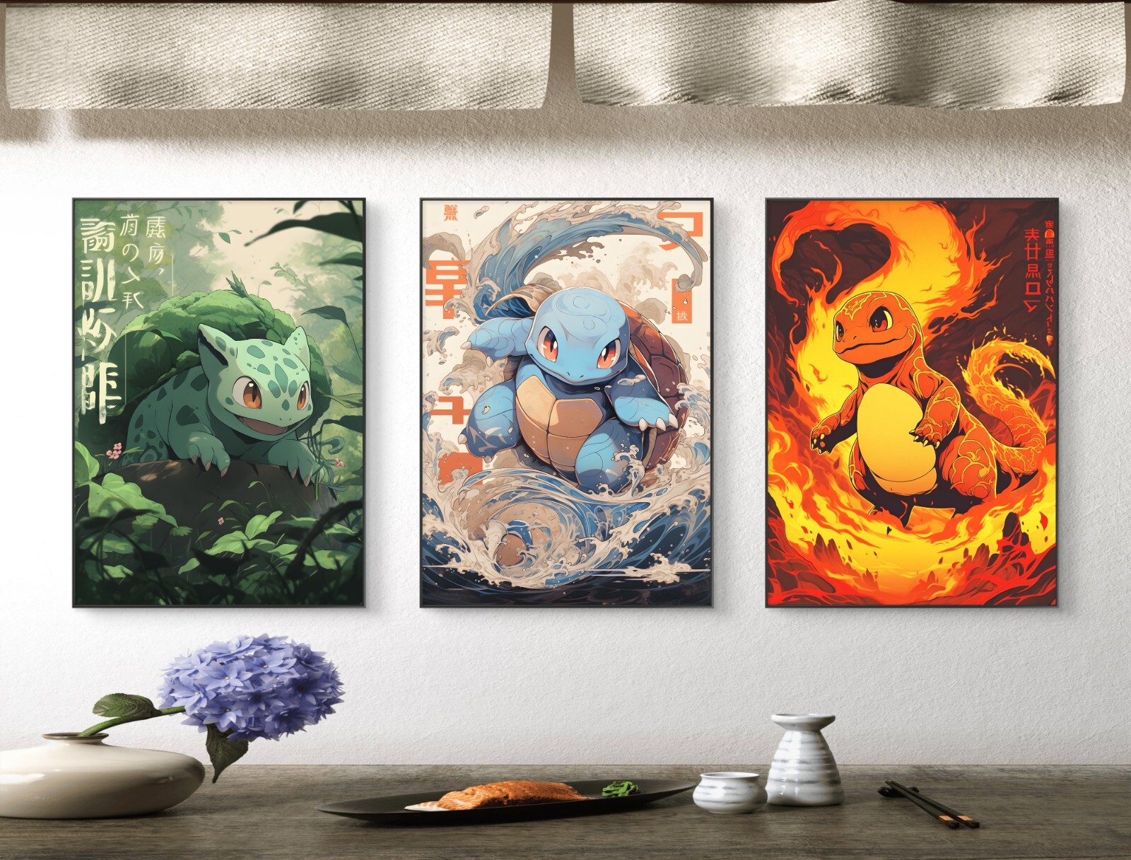 Set of 3 Starter Pokemon Art pieces canvas wall art home decor Portrait Gallery