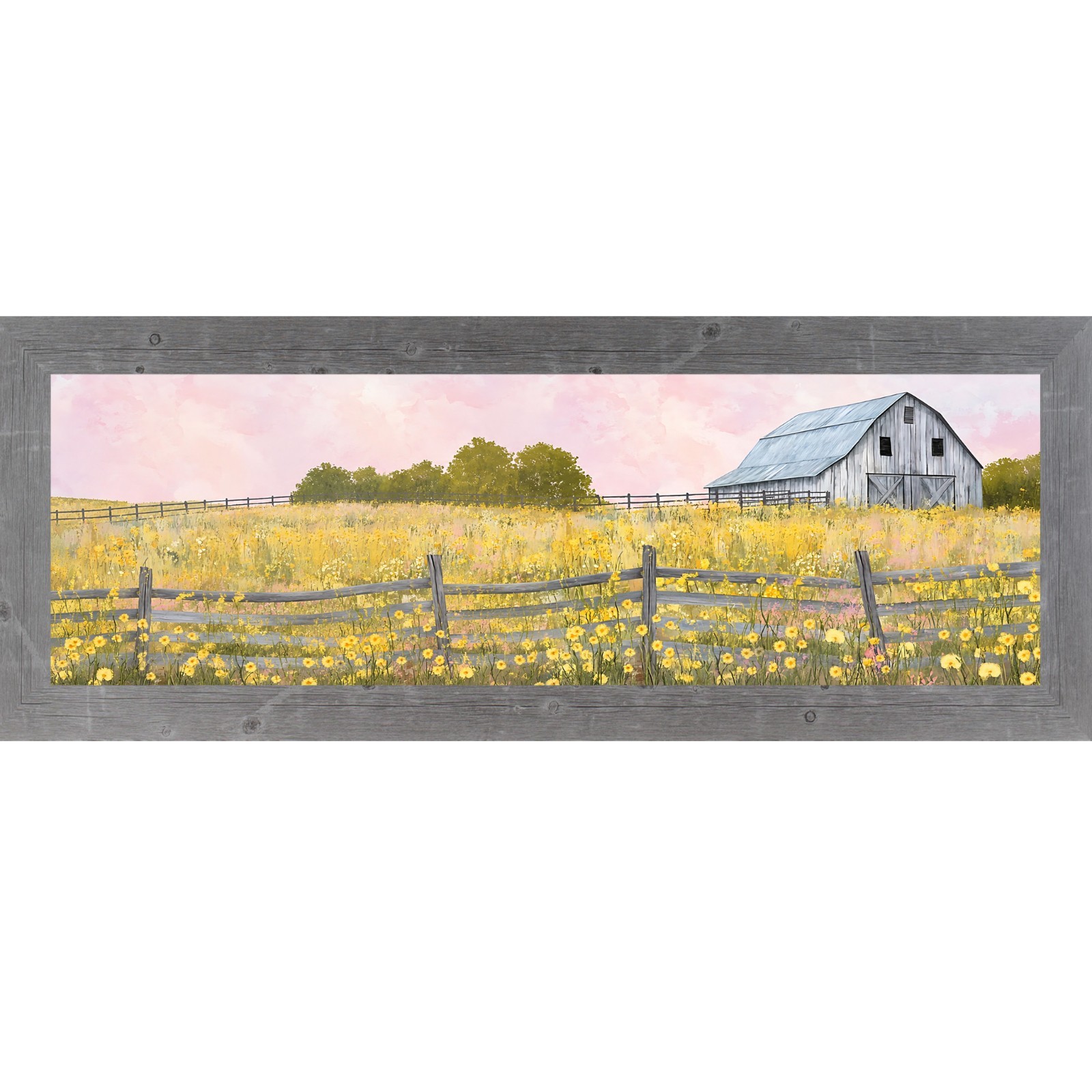 Yellow Wildflower Barn Framed Wall Art Wide Landscape Farmhouse Summer Decor