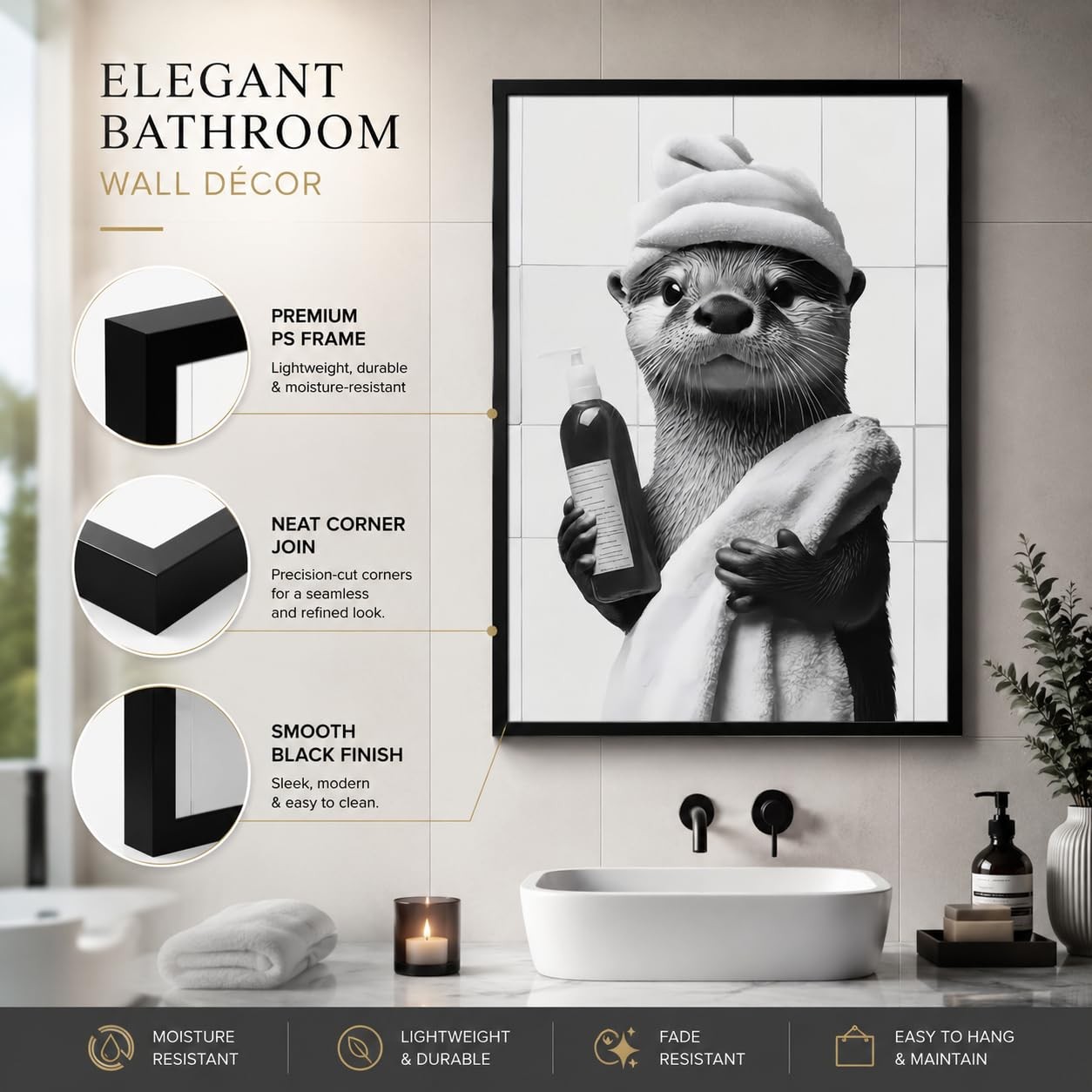 Framed Otter Bathroom Wall Art, Funny Black and White Otter in Shower Canvas,…