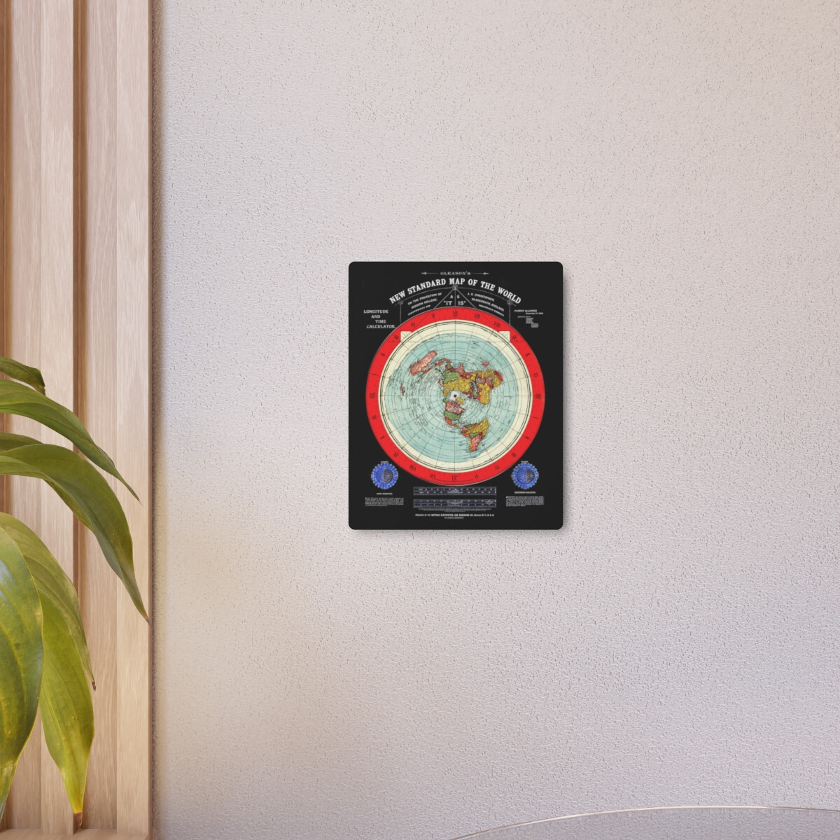 Gleason’s 1892 New Standard Map of the World Flat Earth Black Metal Art Sign