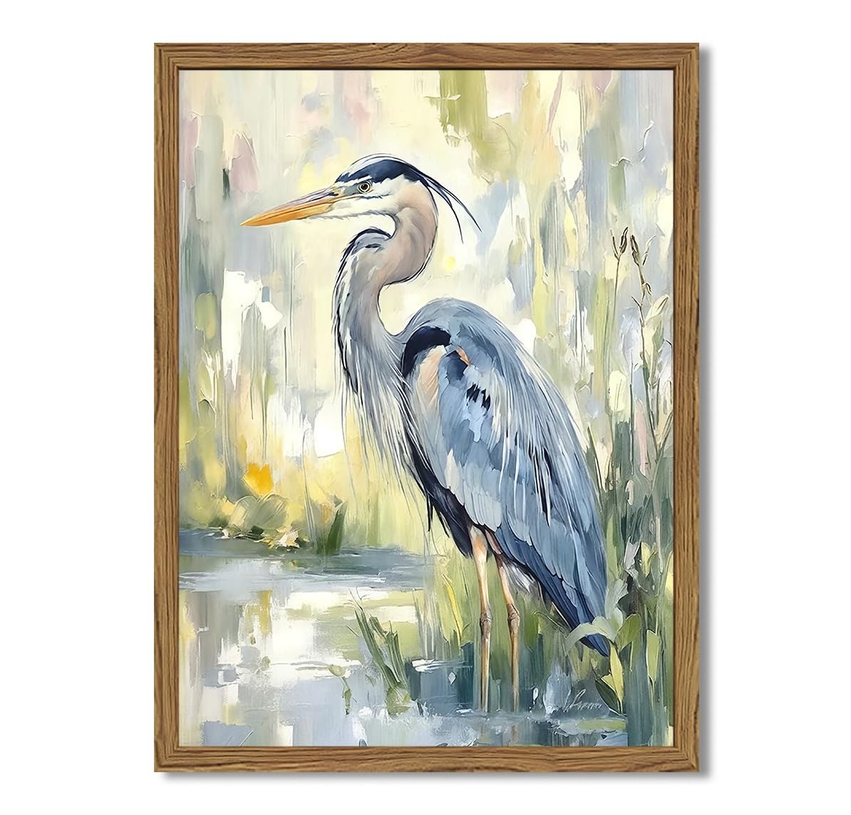 Framed Blue Heron Wall Art, Watercolor Sea Bird Pictures Wall Decor, Coastal Nat