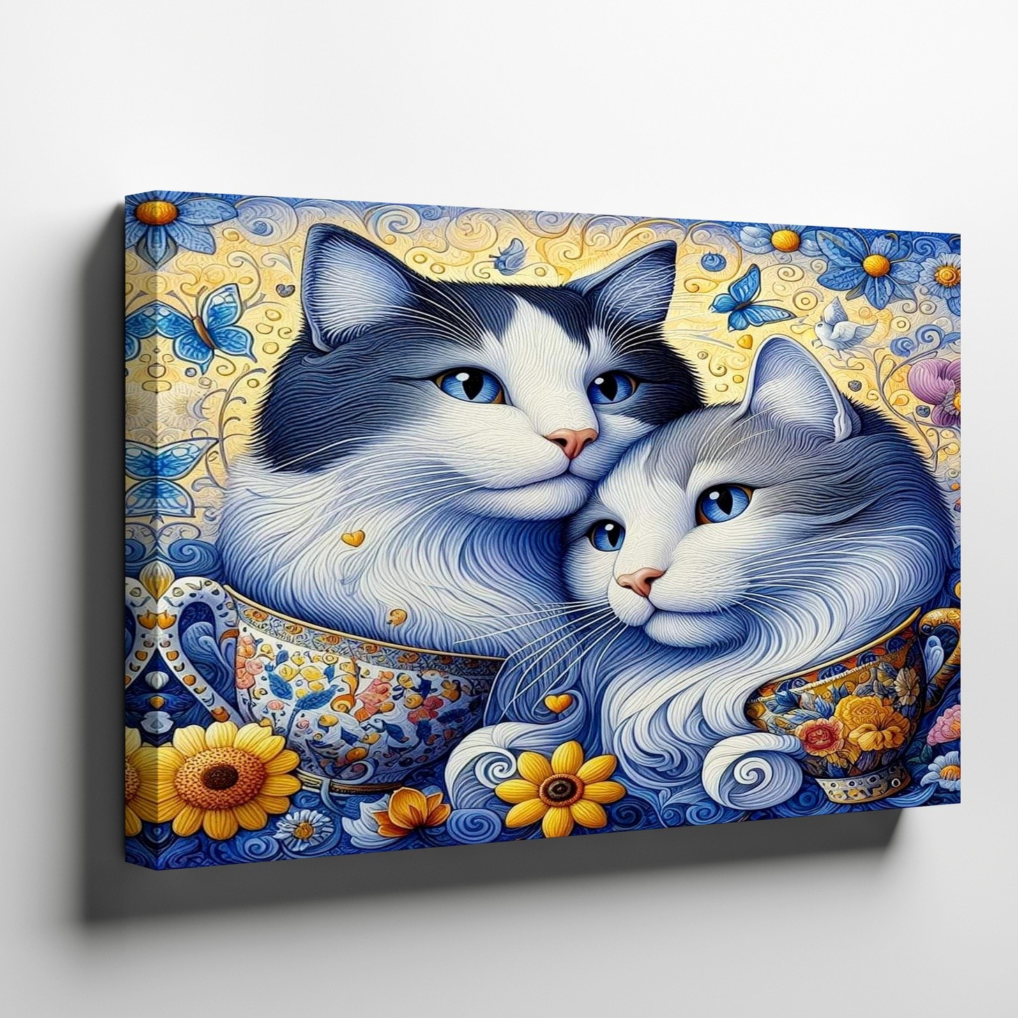 Blue and White Cats in Colorful Teacups with Flowers and Butterfly Canvas Art