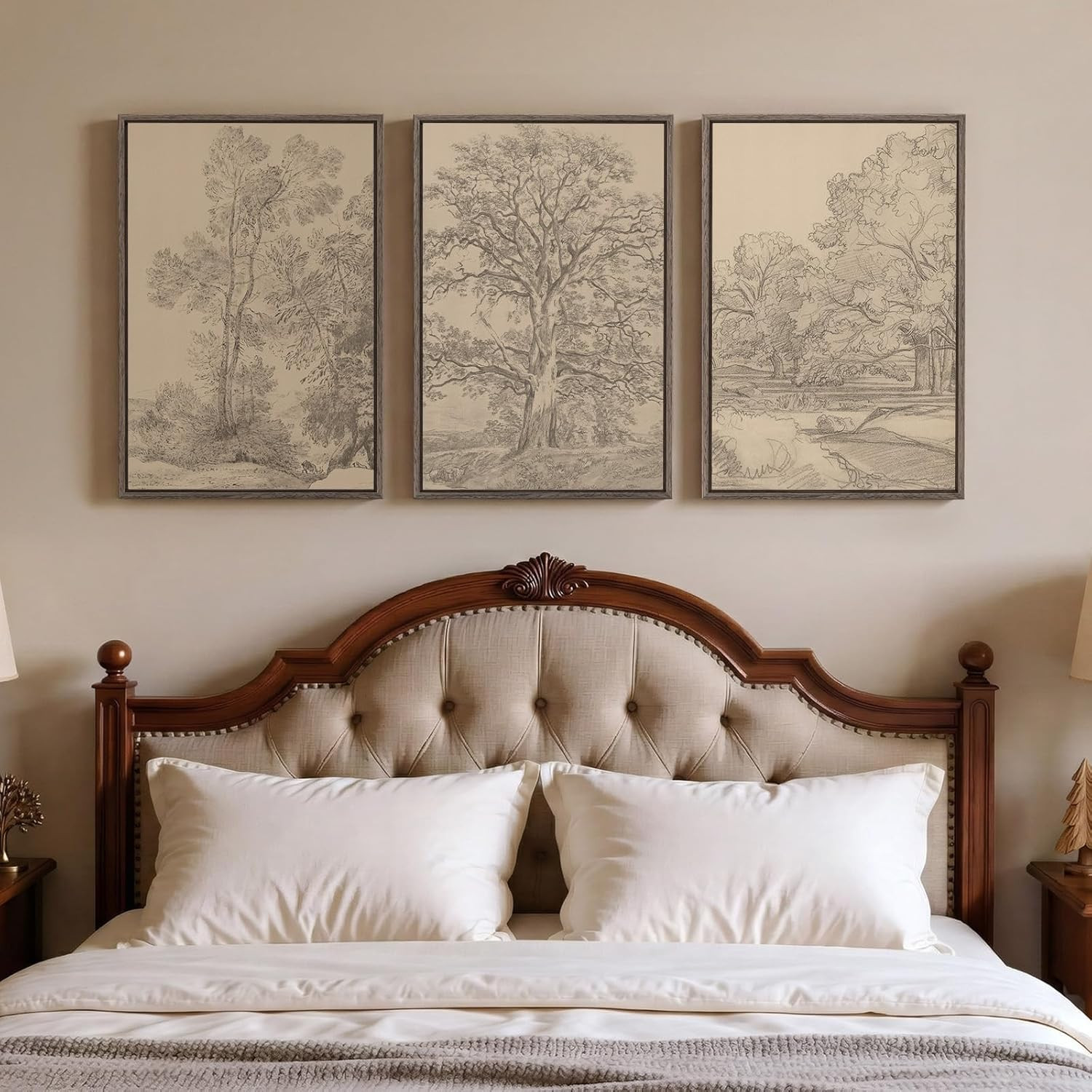 Framed Vintage Tree Wall Art Set of 3 Neutral Canvas Landscape Decor 16×24