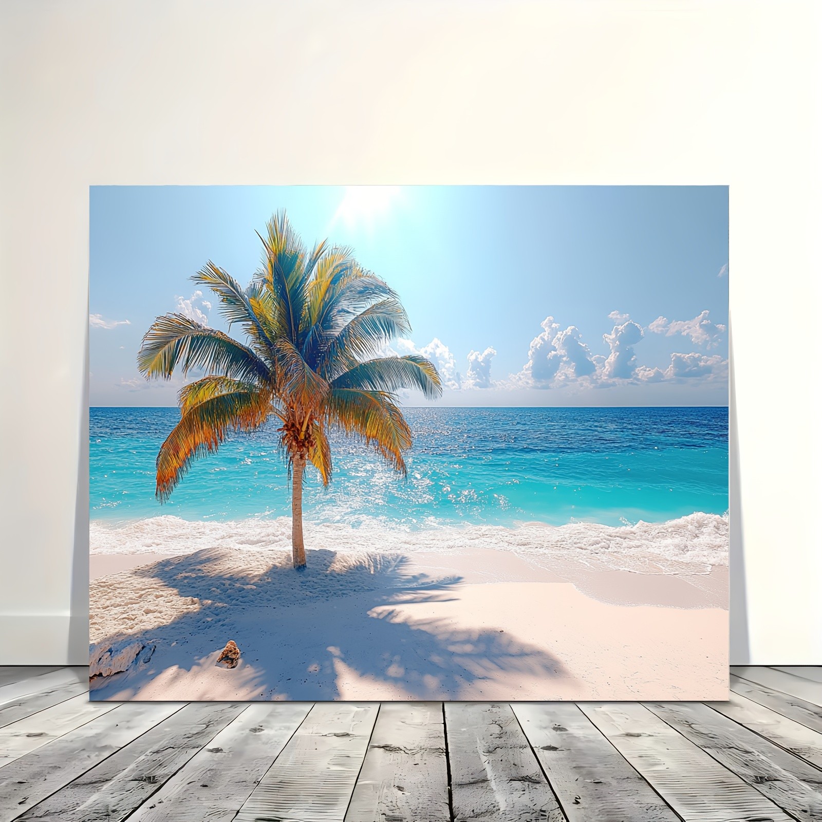 Single Palm Tree White Sand Beach Framed Canvas, Bright Tropical Coastal Wall