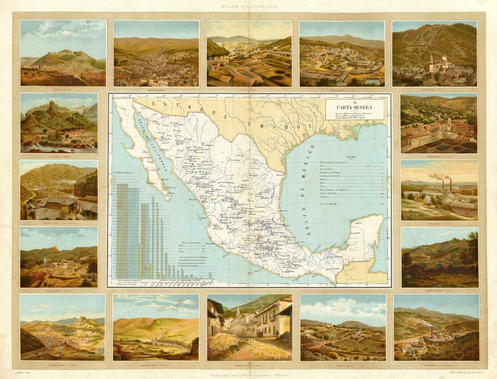 1885 Map Carta Minera Gold Silver production in Mexico Historic Wall Art Poster