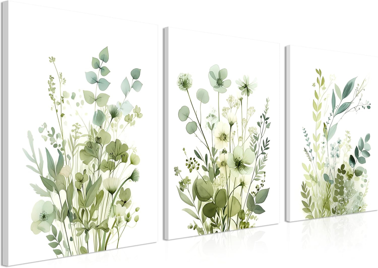 Boho Floral Canvas Wall Art Set of 3, Sage Green Wildflower Botanical Wall