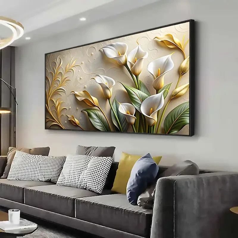 Elegant White Calla Lily With Golden Accents Unframed Canvas Painting for Living