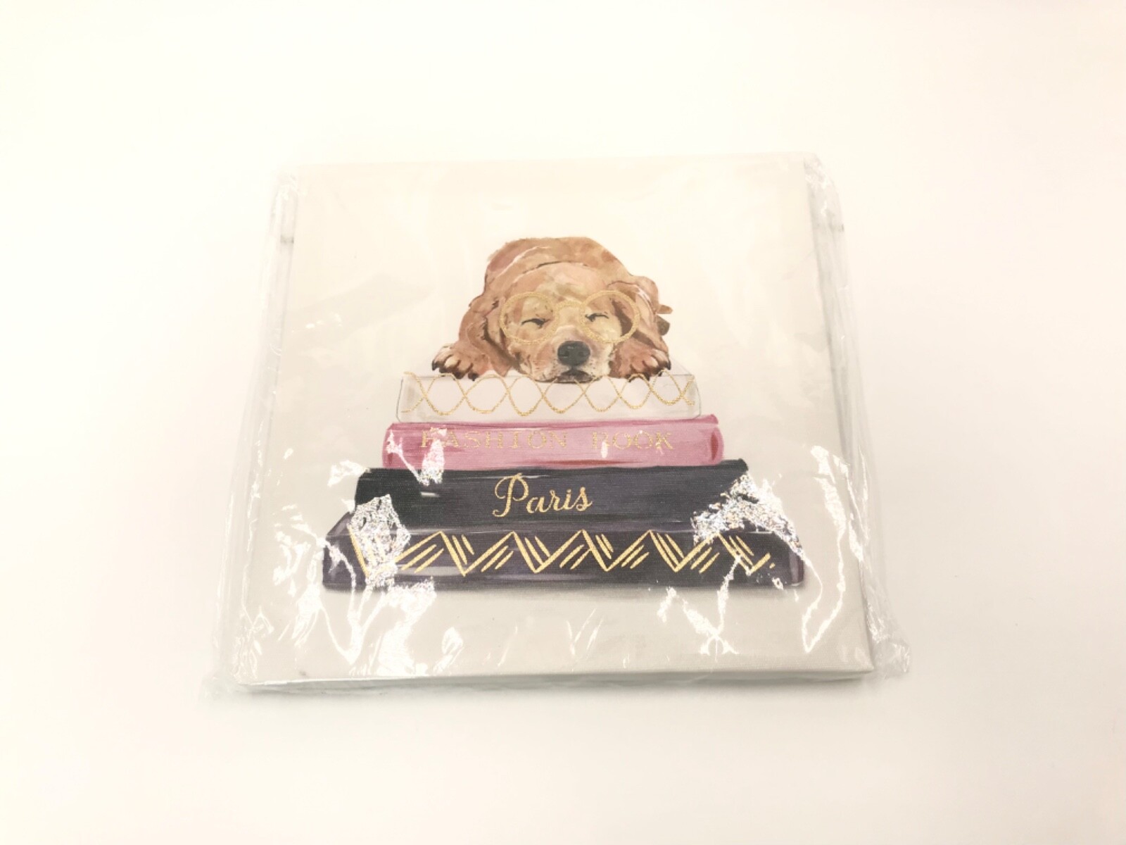Set of 2 Canvas Wall Art Dog Books Metallic Gold Accent Home Decor 8×8 – NEW