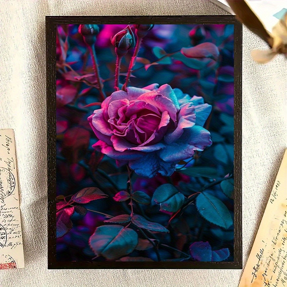 Framed Canvas Neon Blue Purple Rose Dark Moody Floral Decor