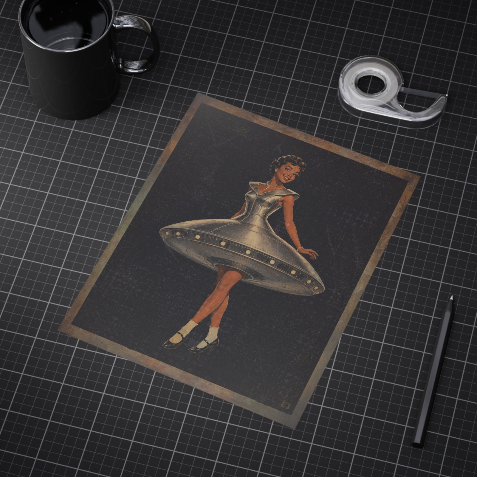 Vintage PINUP GIRL UFO Wall Art, SCI-FI Pin Up Fashion Poster, Alien UAP Dress