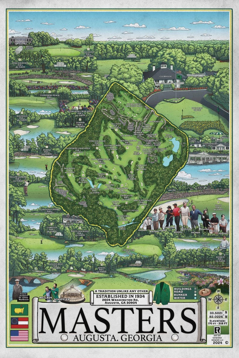 Augusta Golf Course Poster | Hand-Drawn Masters Map Wall Art Print
