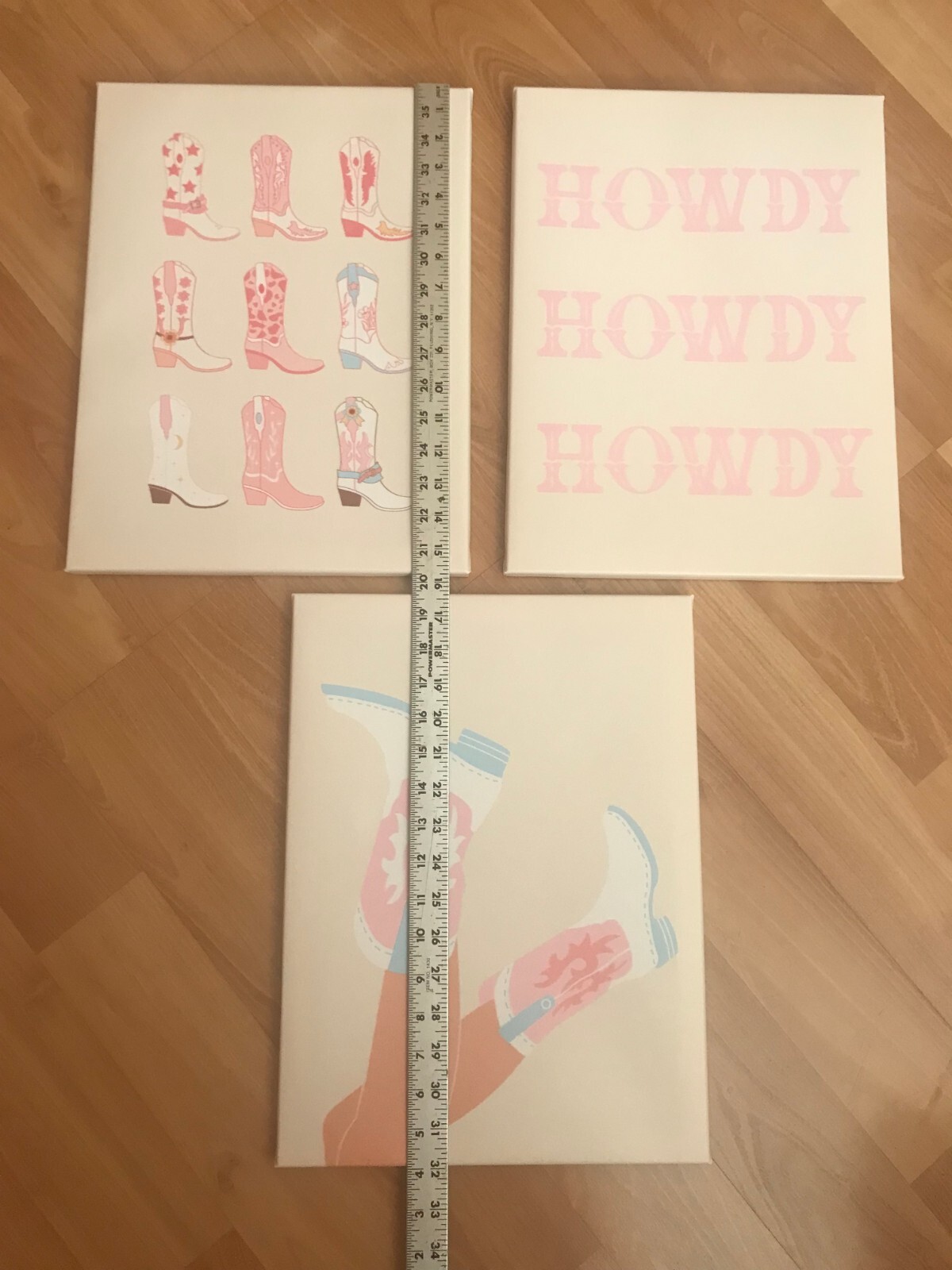 3 Pre-Owned Cowgirl Boots, Howdy & Kicking It 15.5” x 11.5” Canvas Wall Hangings