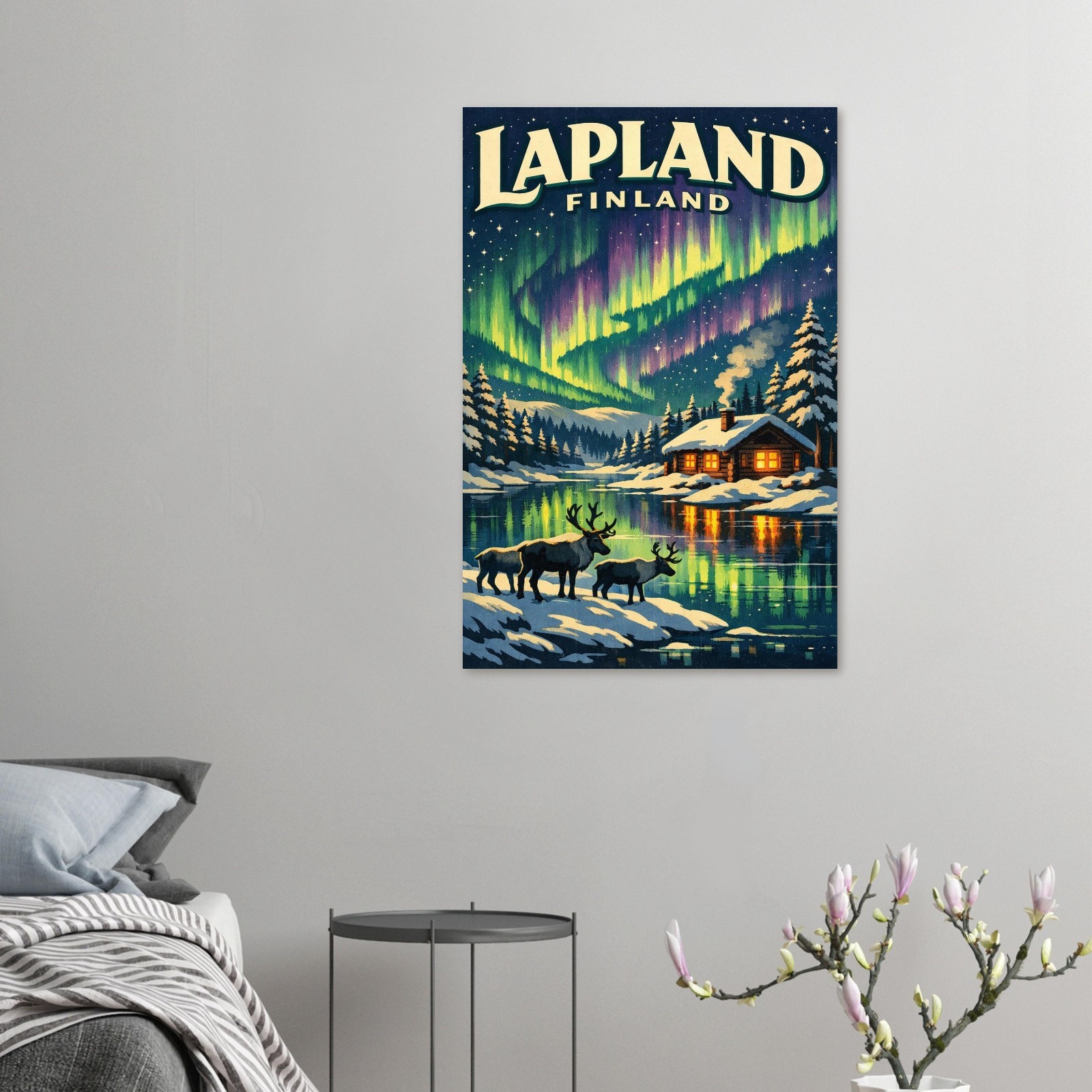 1930s Lapland Finland Travel Poster – WPA Style Northern Lights Landscape Print