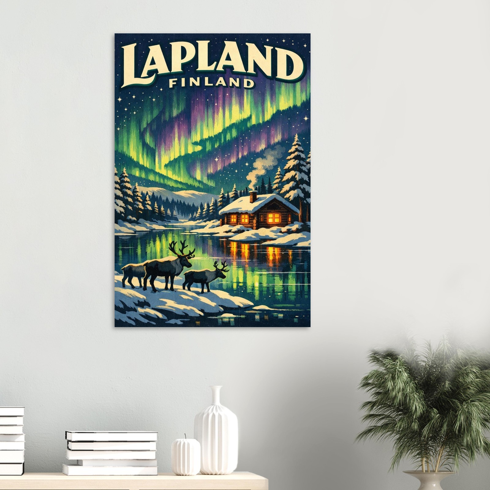 1930s Lapland Finland Travel Poster – WPA Style Northern Lights Landscape Print
