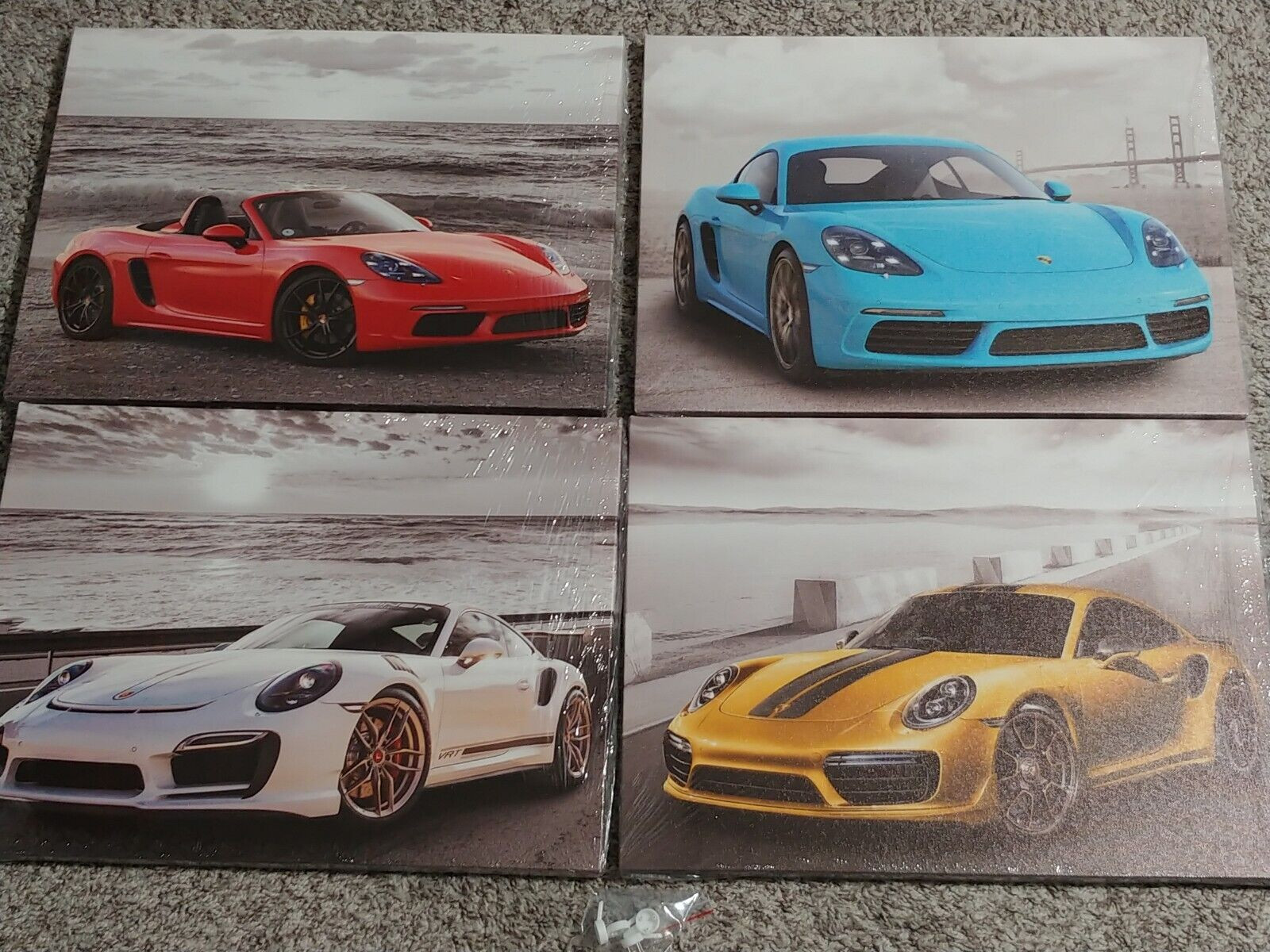 Sports Car Posters Wall Art Canvas 11.75″ x 15.75″ x 5/8″ Red Blue Yellow 4 Pcs