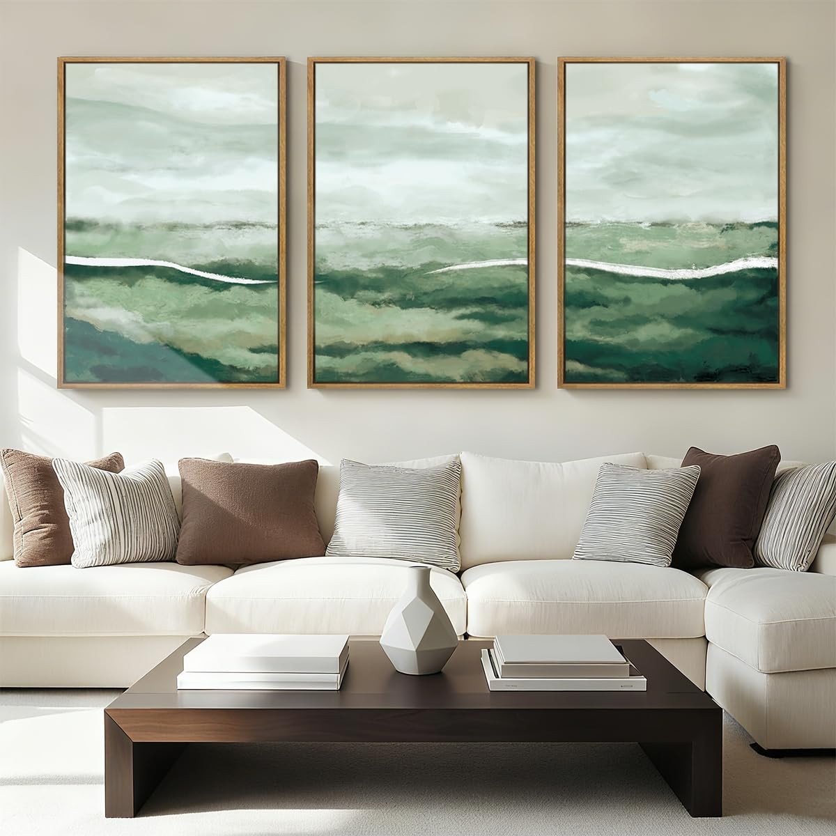 Large Green Abstract Framed Wall Art Set of 3 Sage Green Landscape Canvas Wal…