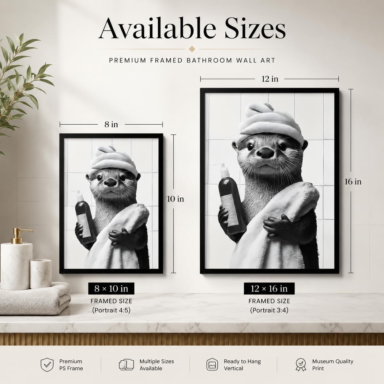 Framed Otter Bathroom Wall Art, Funny Black and White Otter in Shower Canvas,…