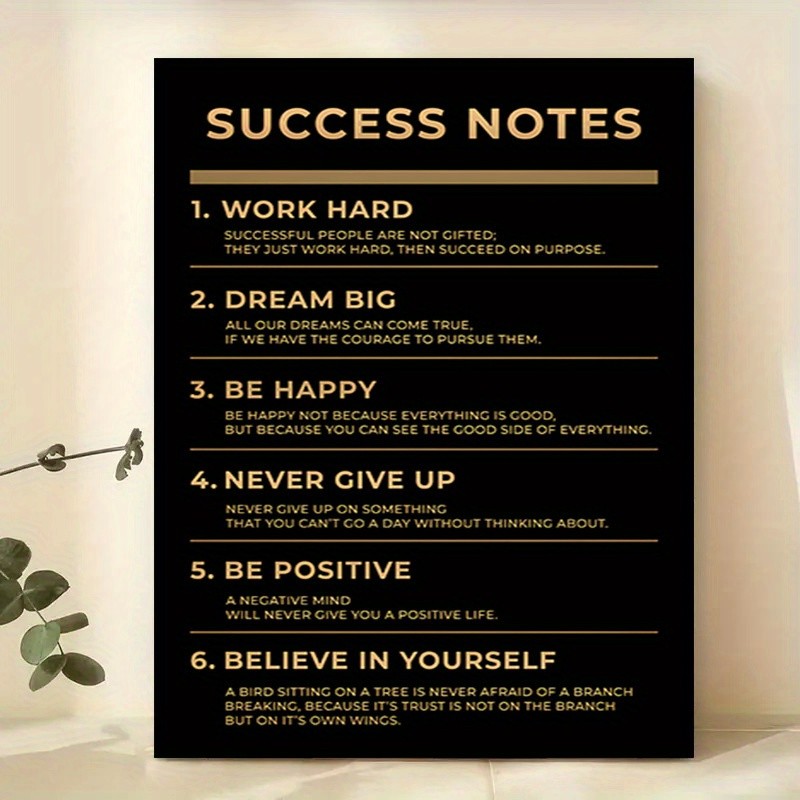 6 Points Success Notes Black Gold Text Canvas, Entrepreneur Office Motivational