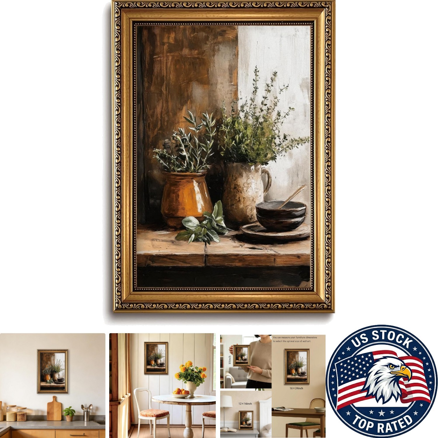 Herbs Botanical Wall Art – Elegant Gold Framed Canvas for Farmhouse Style 24×16