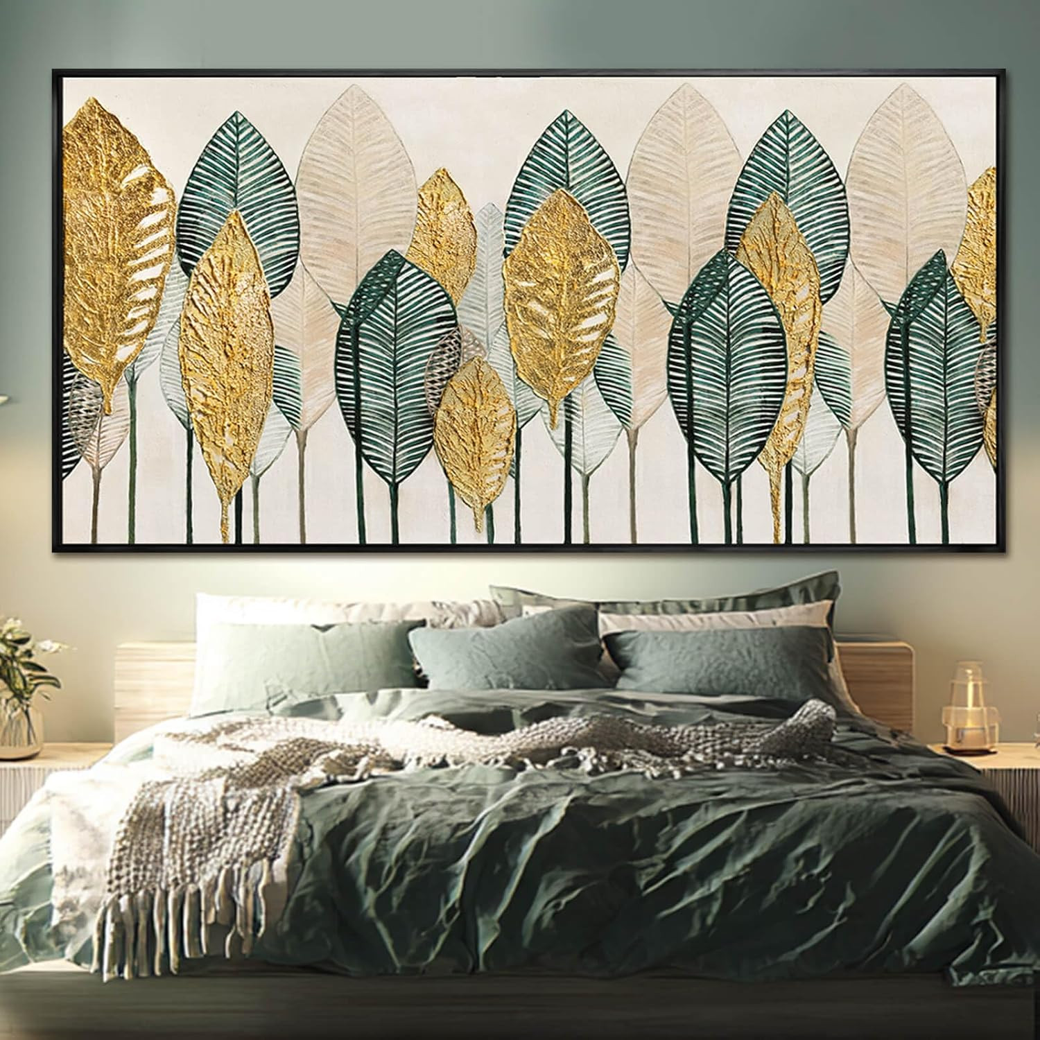 Elegant Green and Gold Leaf Framed Wall Art for Living Room or Kitchen 29″x58