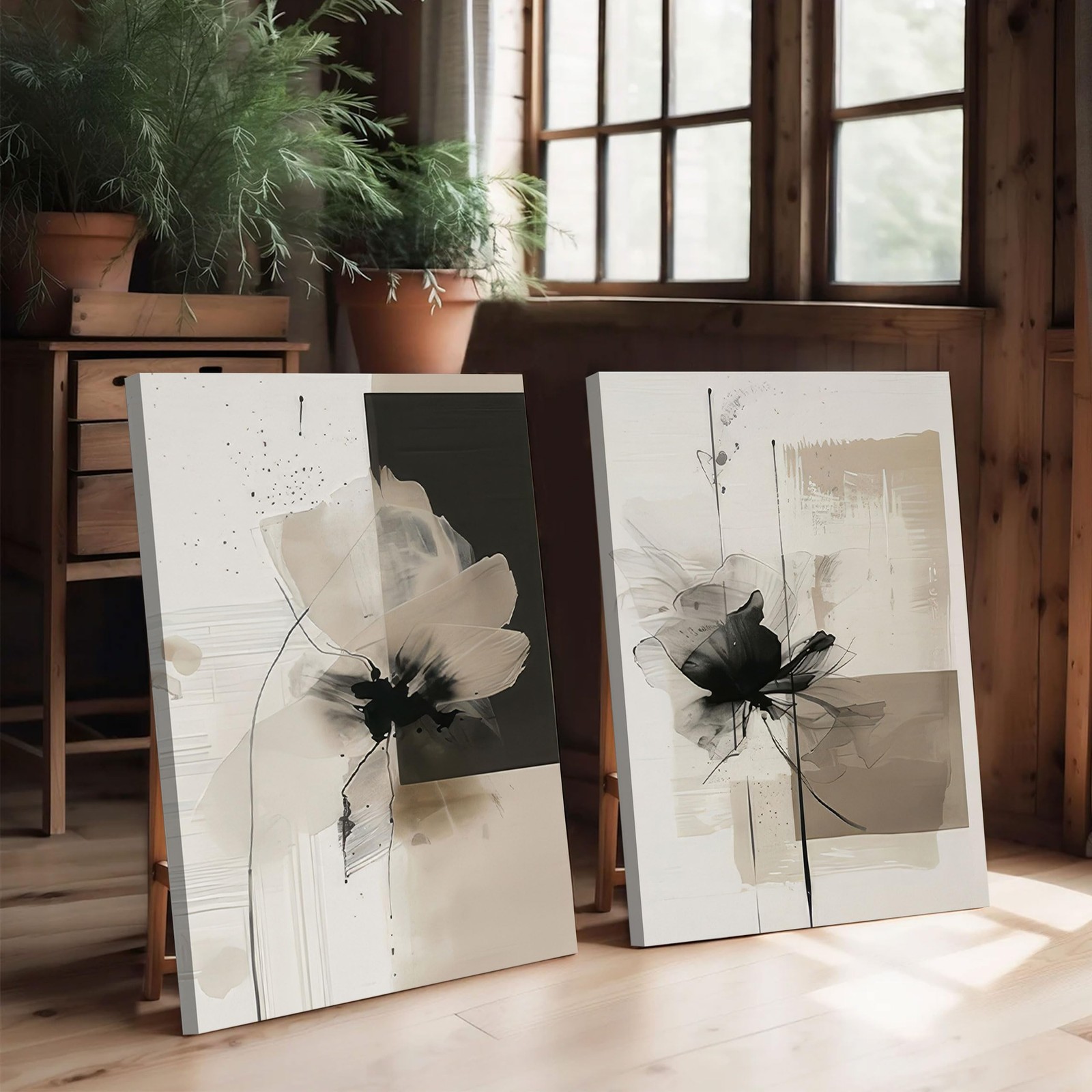 2Pcs Framed Neutral Abstract Canvas Wall Art Floral Pictures Modern Minimalis…