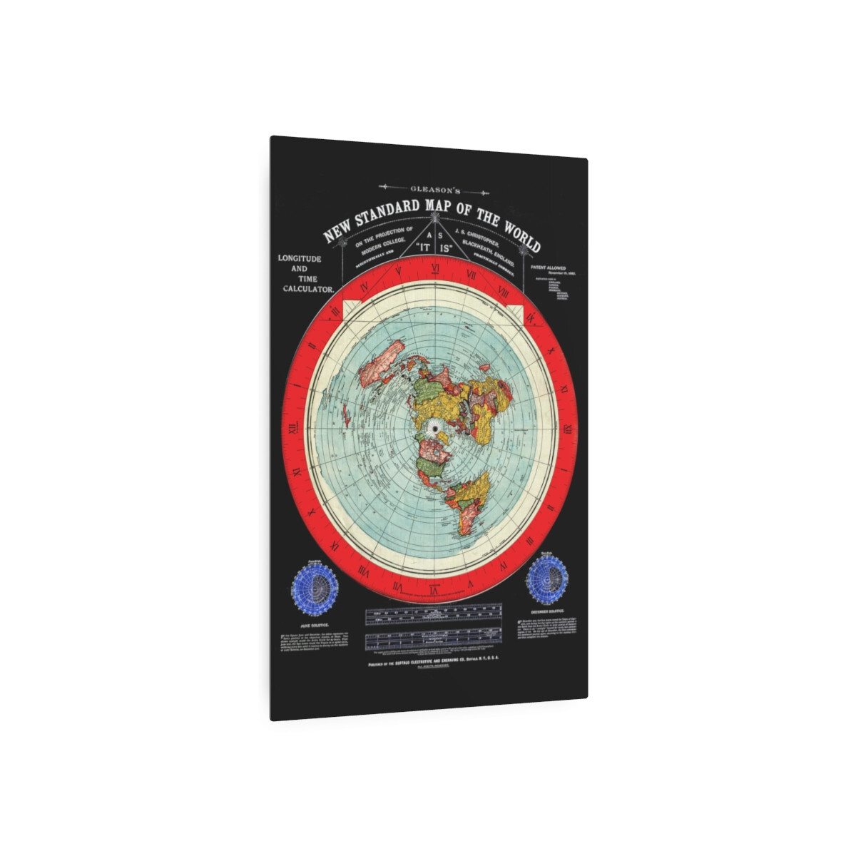 Gleason’s 1892 New Standard Map of the World Flat Earth Black Metal Art Sign