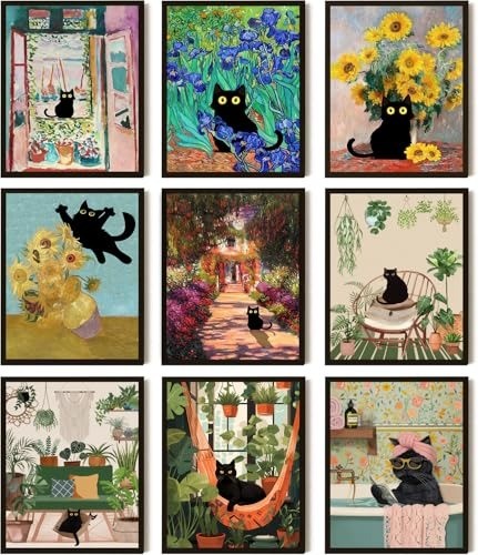 Colorful Black Cat Posters Set of 9 – Vintage Floral Home Decor for All Seasons