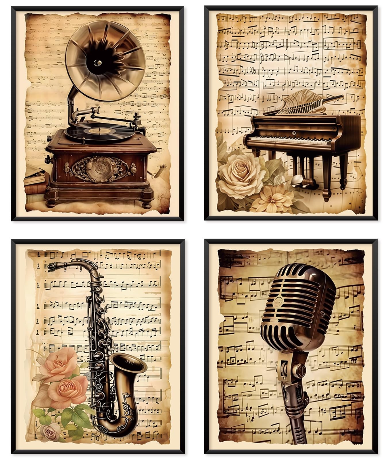 Vintage Music Wall Art Decor, Classical Phonograph Piano Saxophone Microphone…