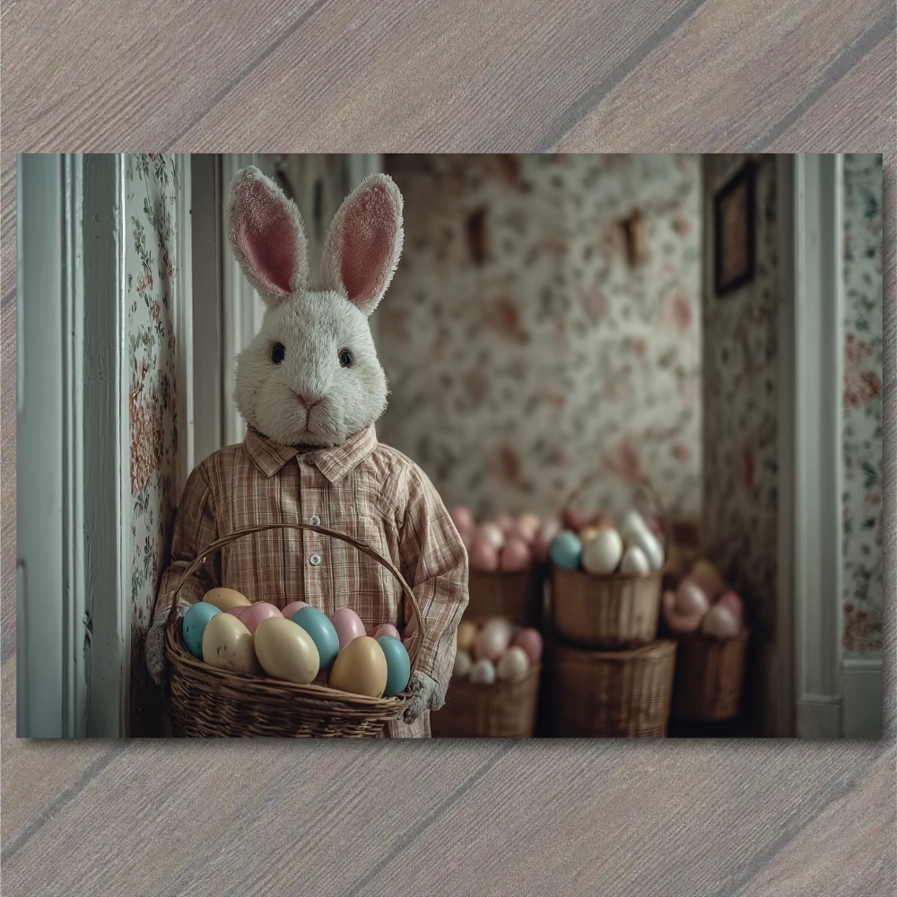 Art Print Bunny Plaid Shirt Egg Basket Pastel Easter Wallpaper Cottage Room