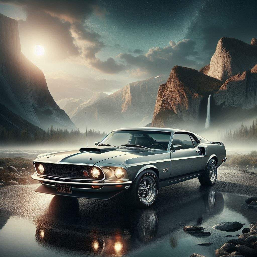1969 Ford Mustang Mach 1 Silver Jade | 24×24 inch POSTER | AI Art
