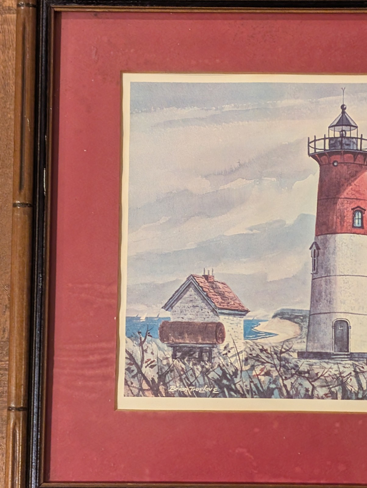 Vtg Nauset Light Cape Cod Brian Truelove Glass Wood Framed Picture 12 1/2 X 11