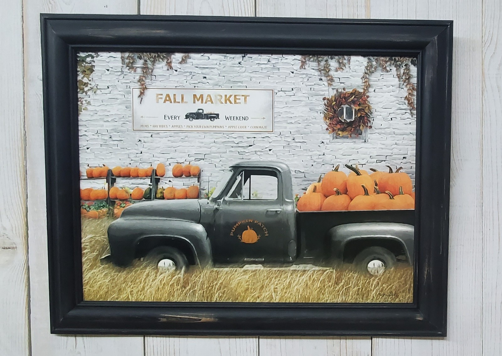 Lori Deiter Fall Market pickup truck Framed Autumn pumpkins 12×16 wall picture