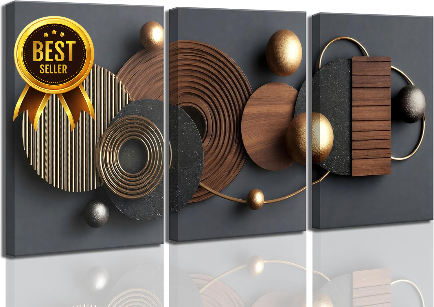 3PC Black Gold Geometric Abstract Wall Art 3D Canvas Set Modern Decor