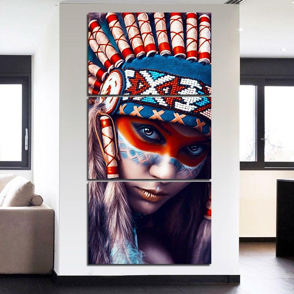 Native American Indian Girl Framed 3 Piece Canvas Wall Art Painting Wallpaper Po