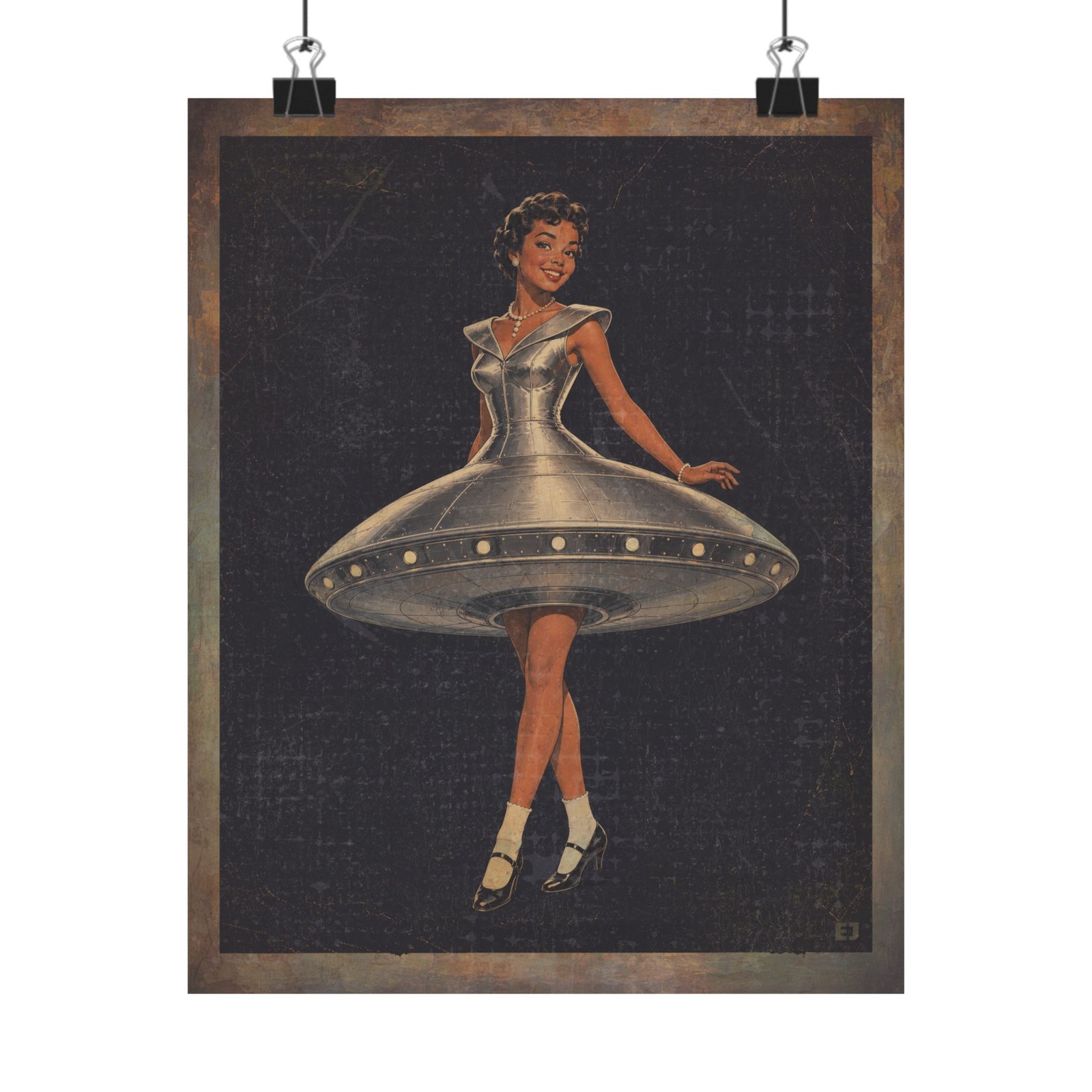 Vintage PINUP GIRL UFO Wall Art, SCI-FI Pin Up Fashion Poster, Alien UAP Dress