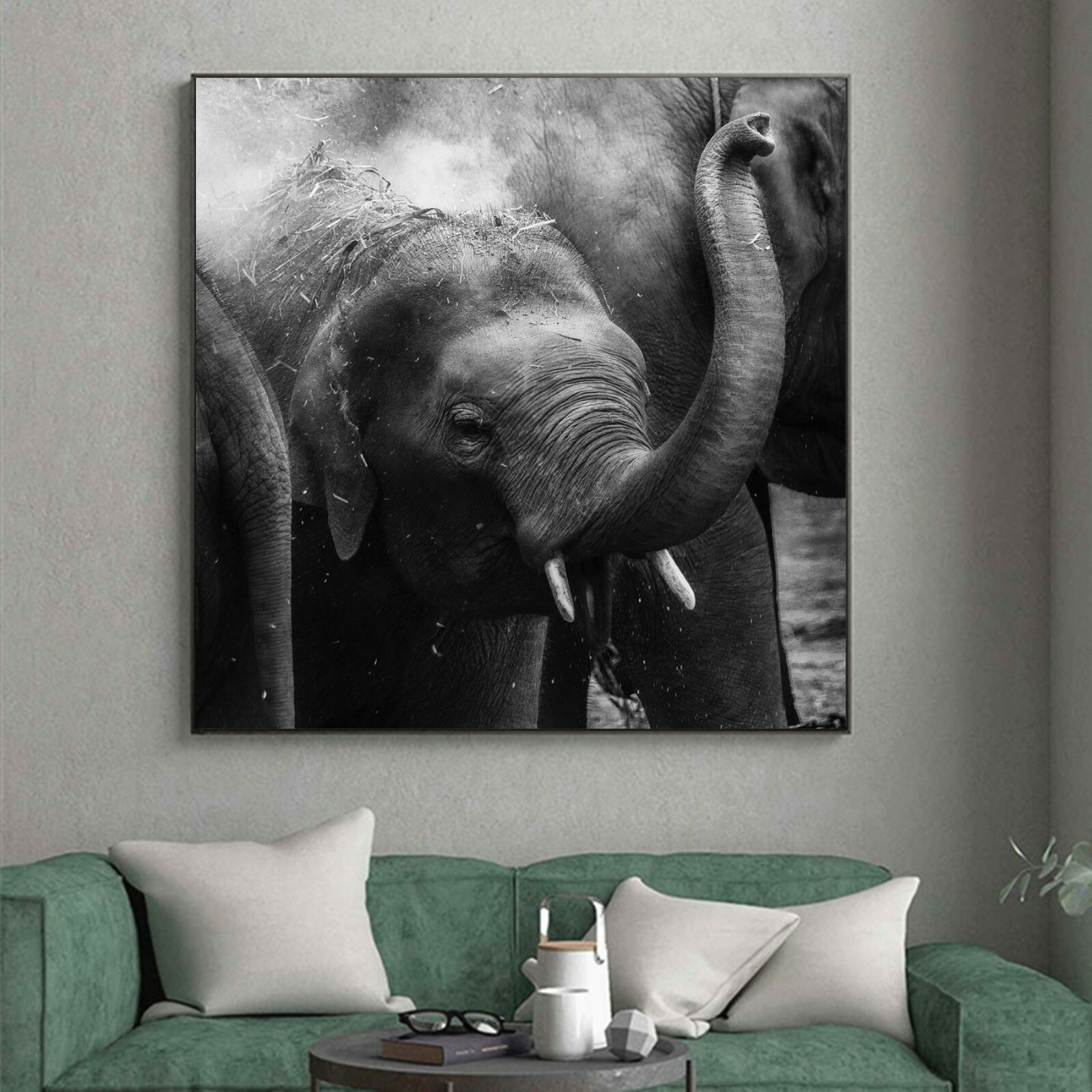 Art Silk Canvas Poster Elephant Black White Paint Modern Decor No Frame S535