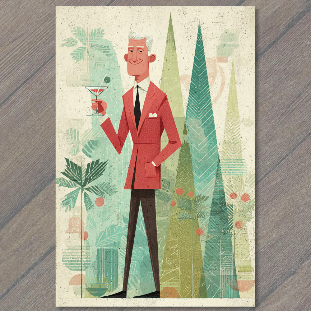 Art Print Retro Man Red Jacket Holding Martini Mid Century Christmas Trees