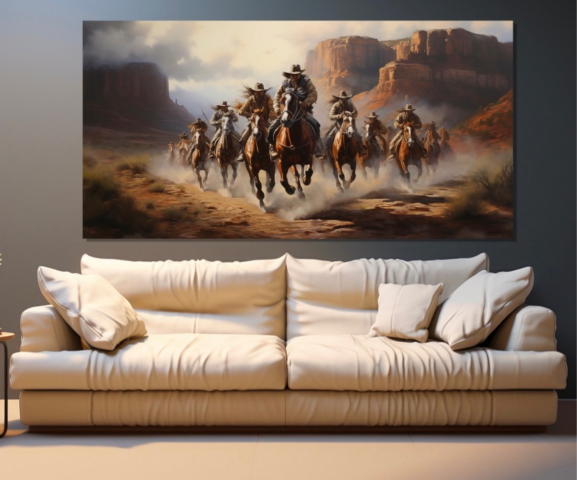 Wild West Wall Art Cowboys Riding in Canyons canvas Wall Art man cave Wall Decor