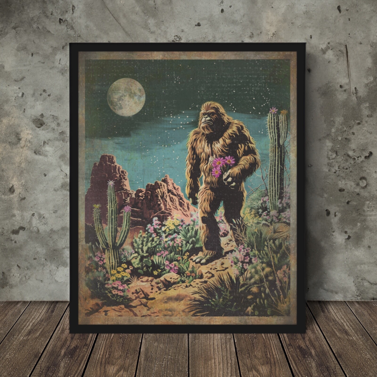 BIGFOOT CACTUS MOON FLOWER Poster Print, SASQUATCH Desert Botanical Wall Art