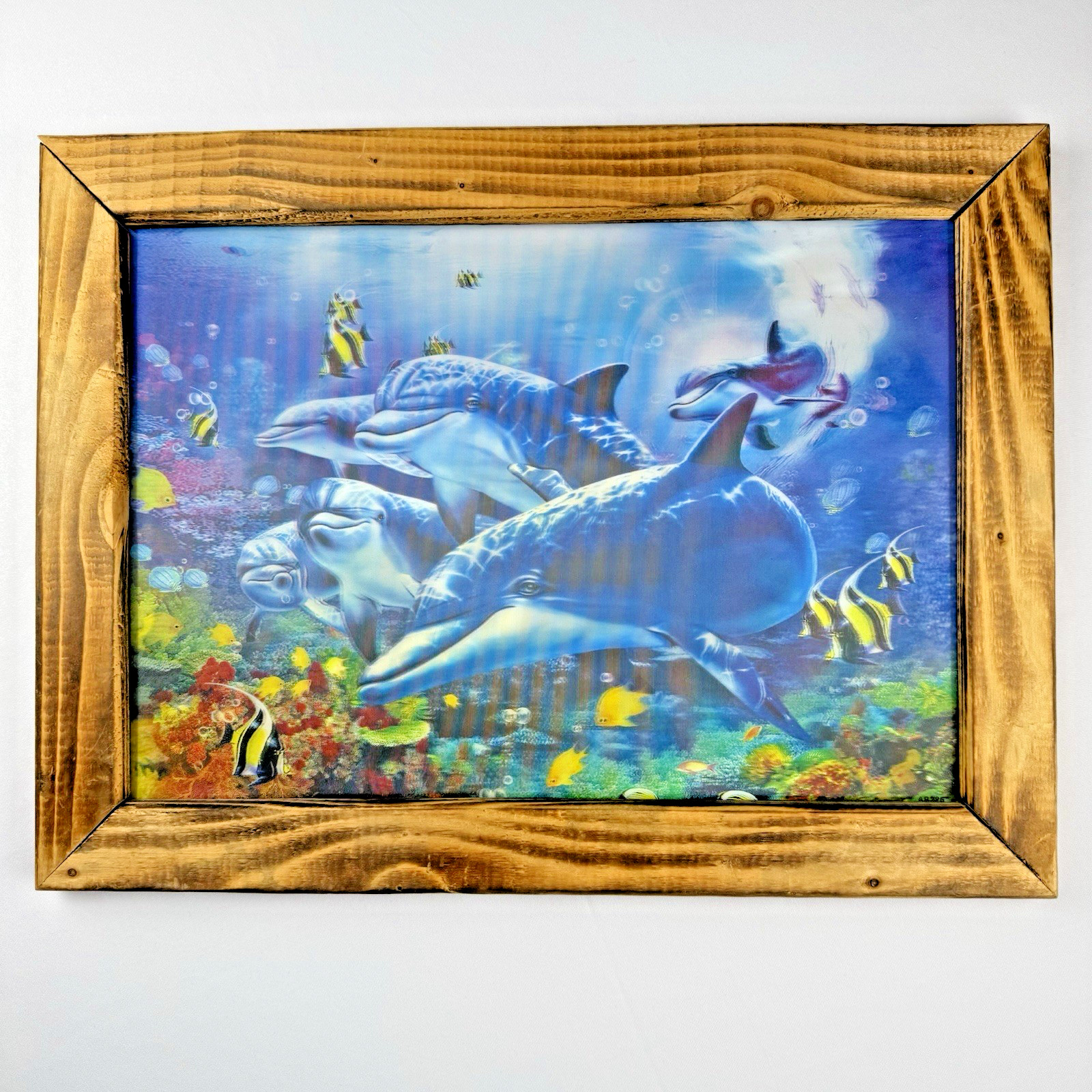 Framed Wall Art, 3D Ocean Dolphin and Sea Turtle 15.75 in X 11.75 in Wood Frame