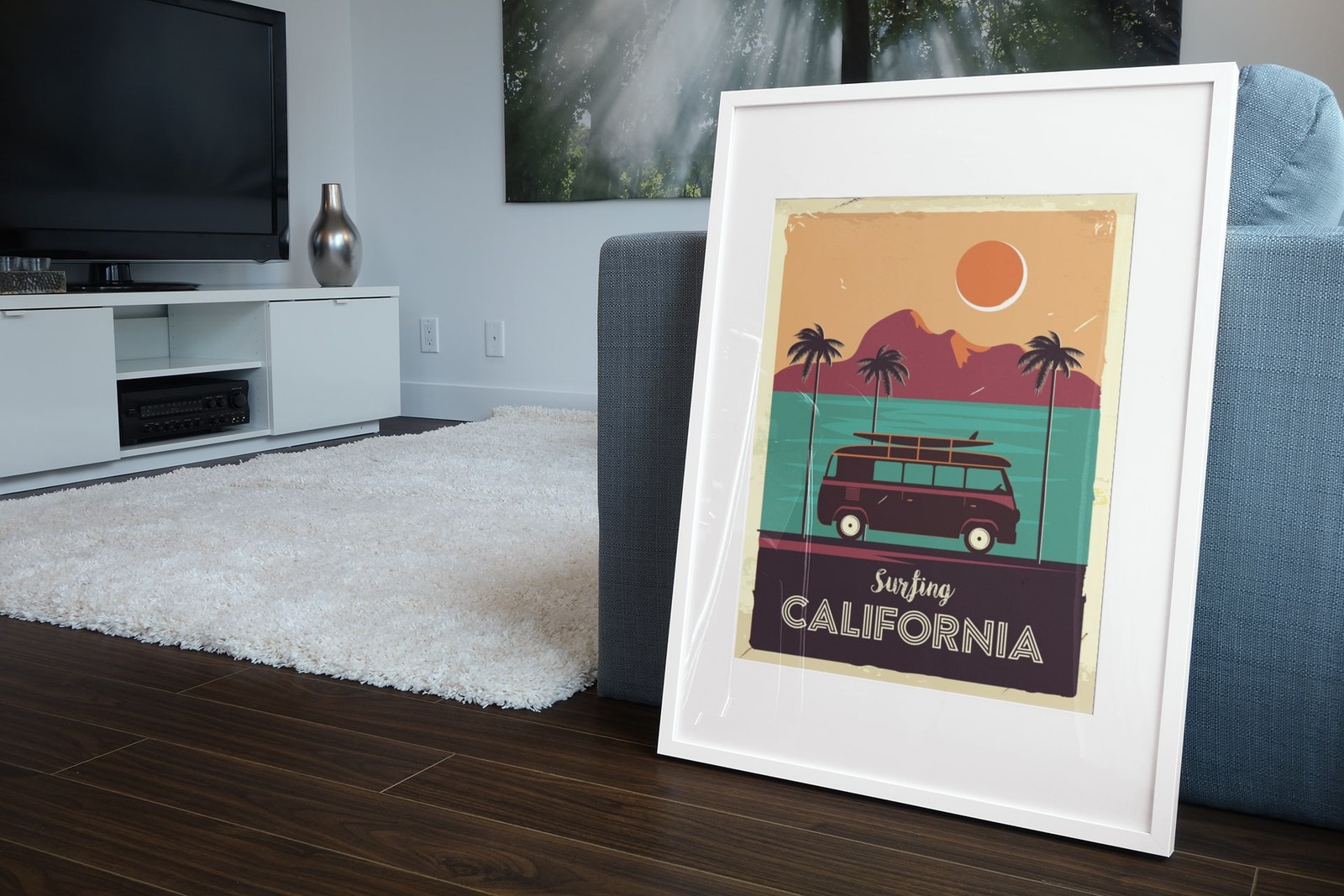 Surfing California Coastline Vintage Van Palm Trees Art Print Poster 12×18