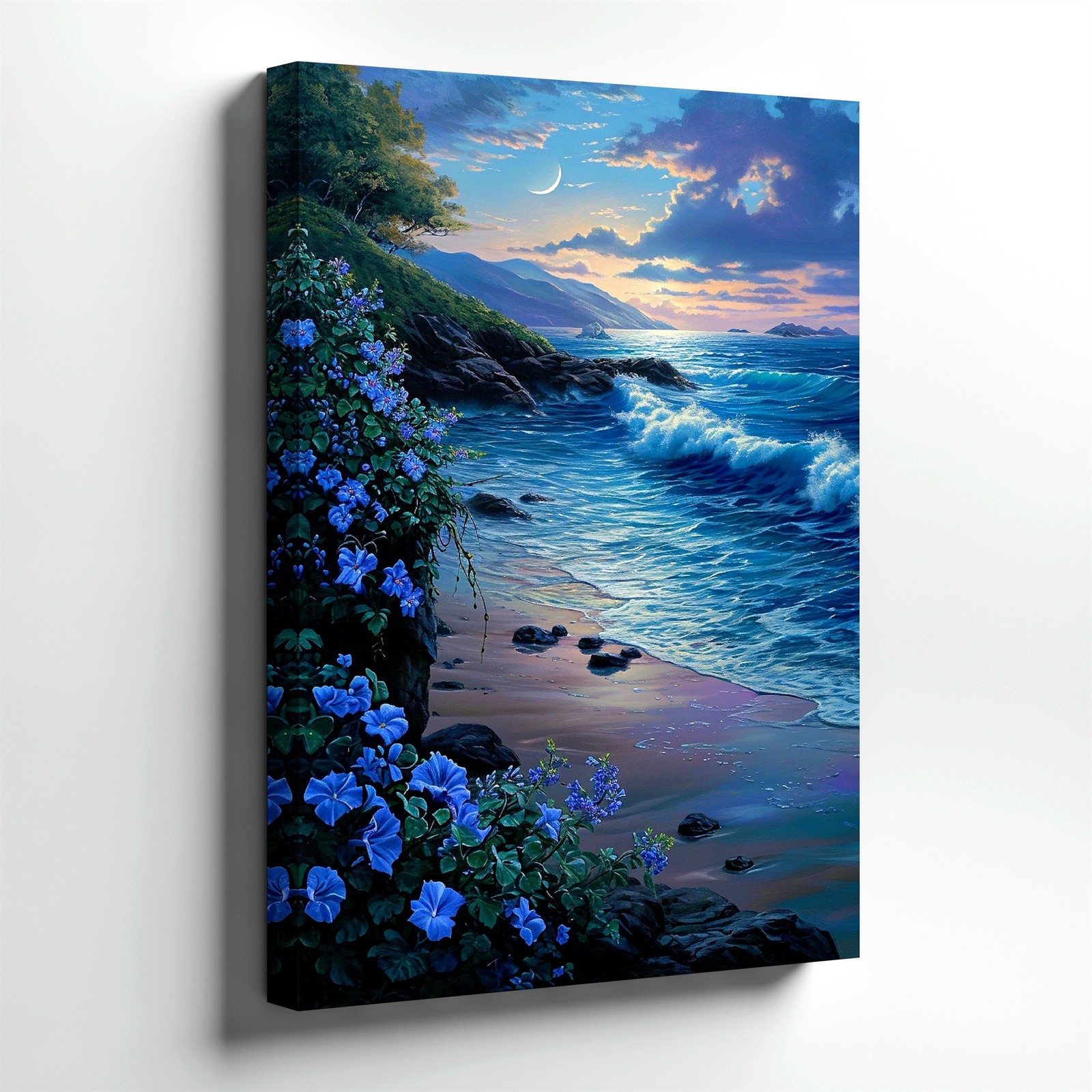Wall Art Coastal Seascape Beach Waves Moonlit Ocean Floral Landscape Print Decor