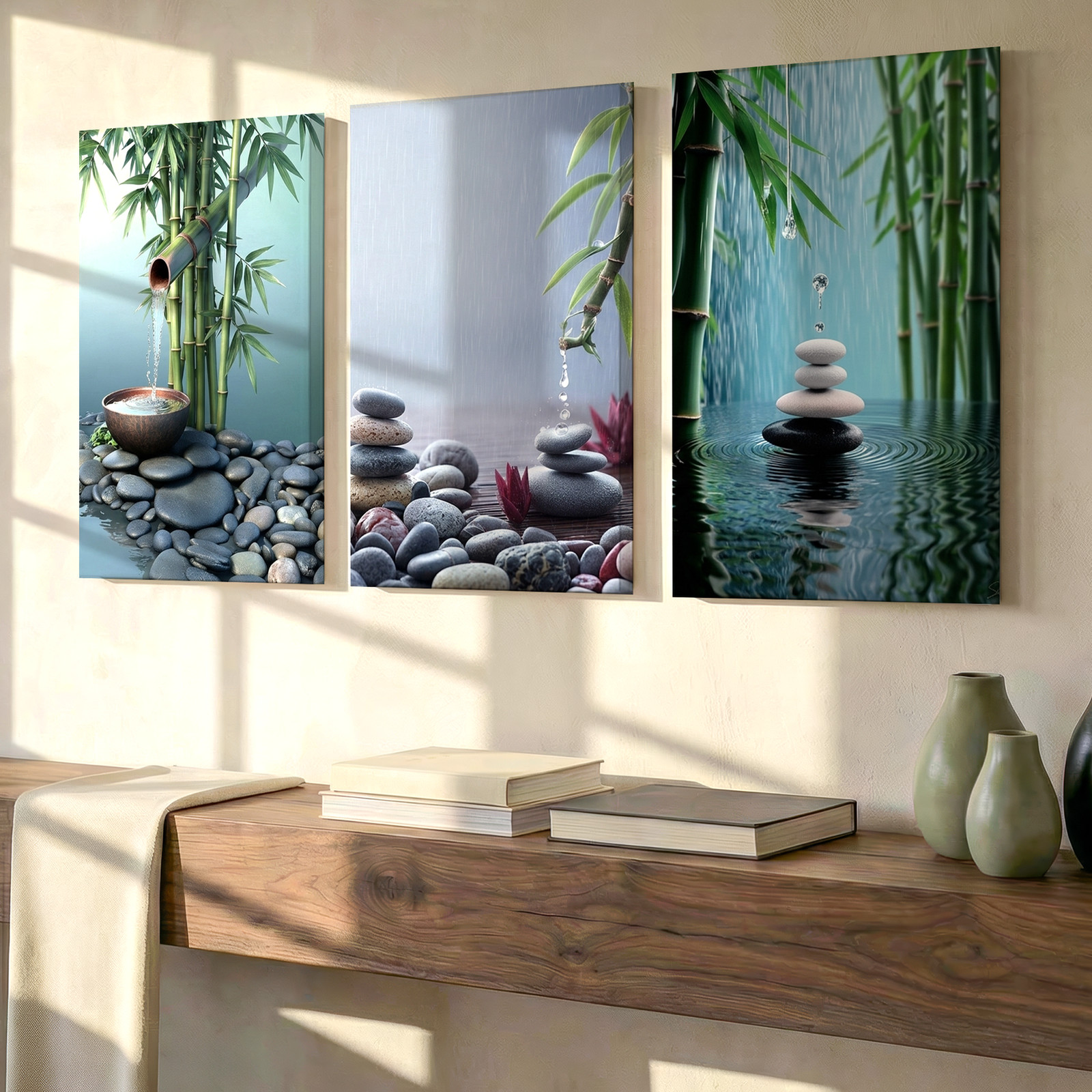 3 Pieces Zen Bamboo Large Wall Art Canvas Print Set for Living Room Set Of 3