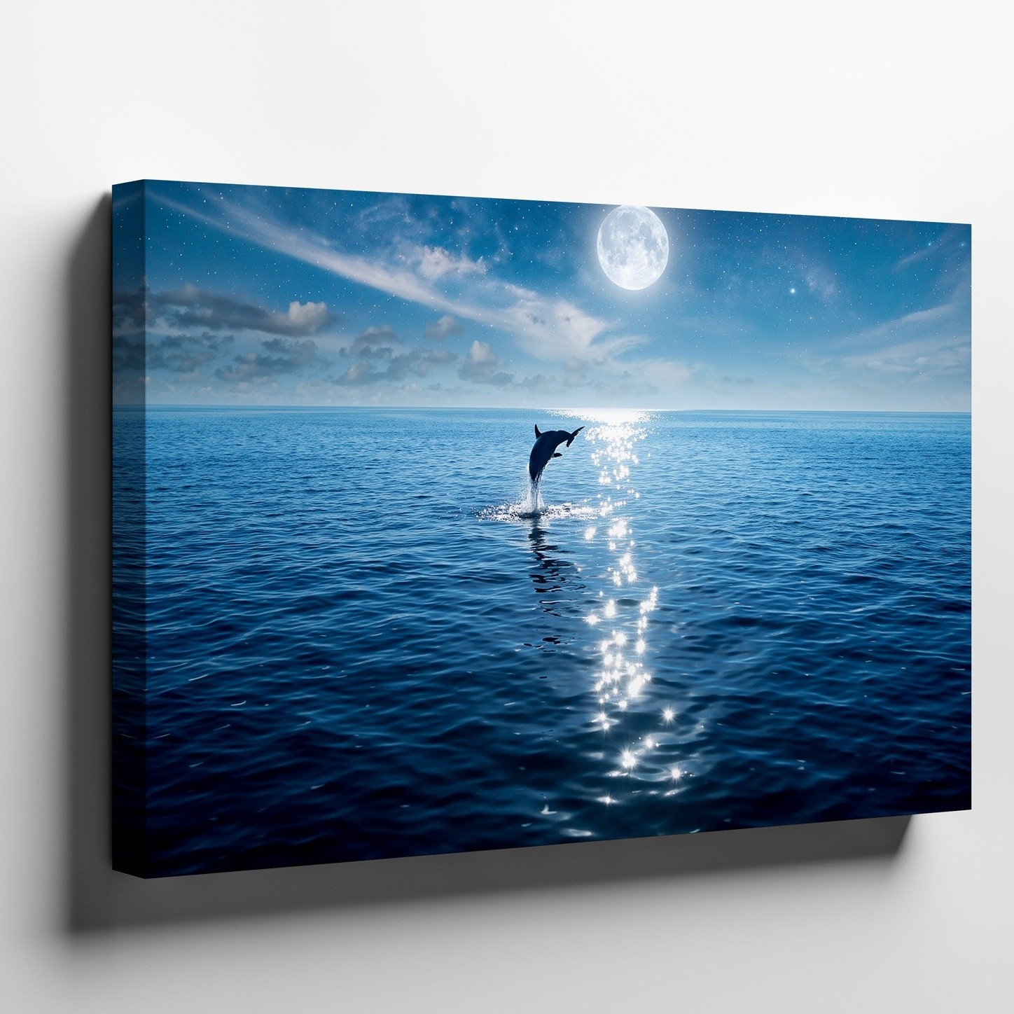 Wall Art Serene Night Scene Featuring A Dolphin Gracefully Leaping Out Of Calm